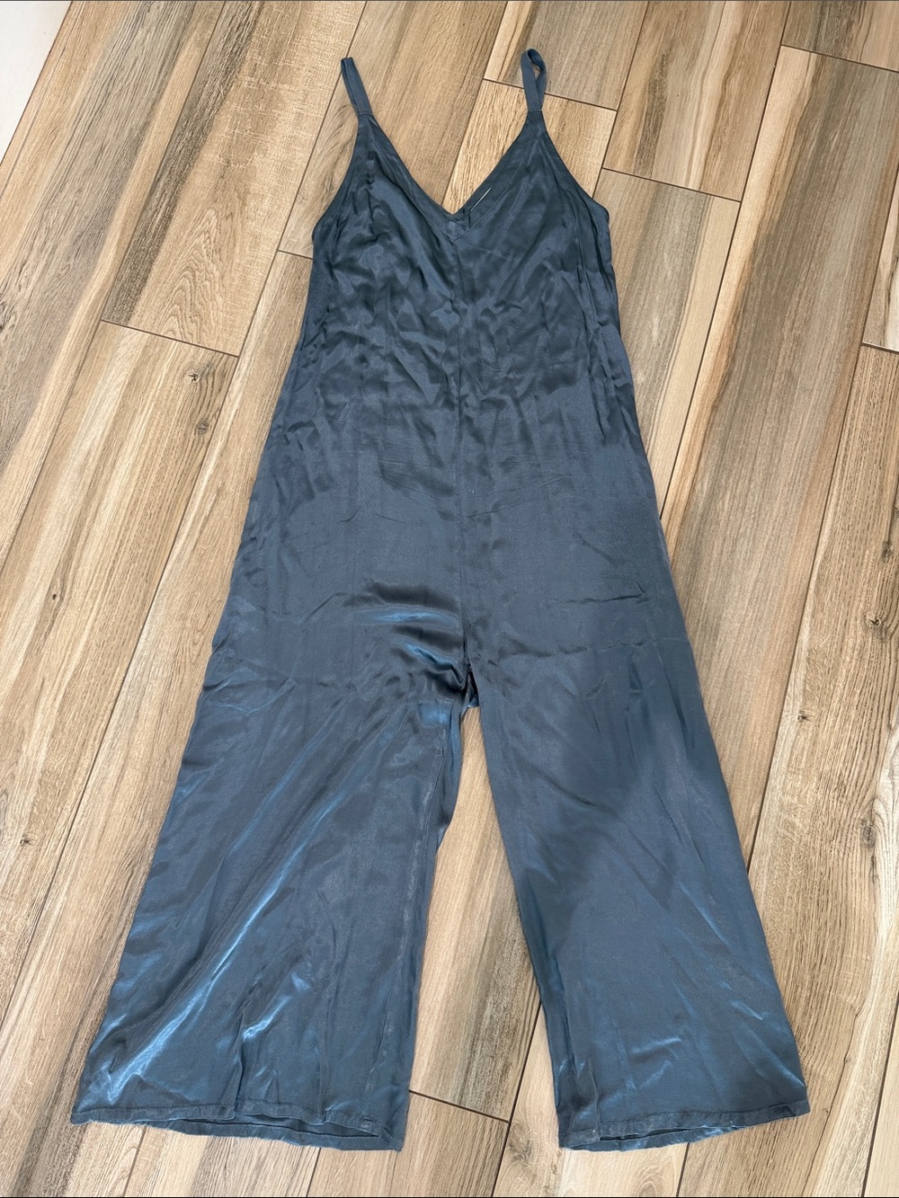 LACAUSA Slate Blue Satin V-Neck Wide-Leg Jumpsuit
